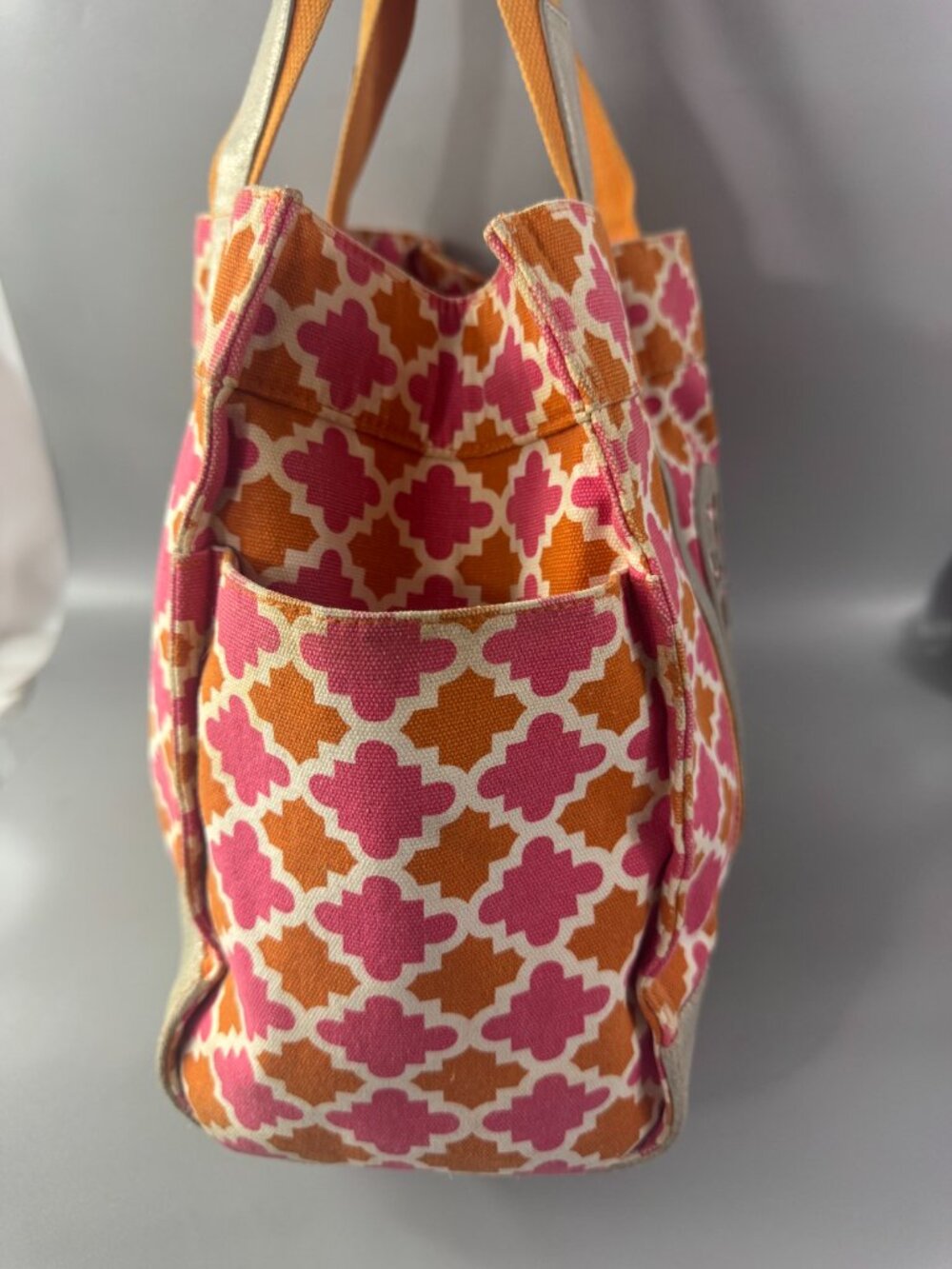 Tory Burch Orange/Pink Canvas w/Silver-tone Distressed Leather Large Tote Bag - Picture 9 of 15